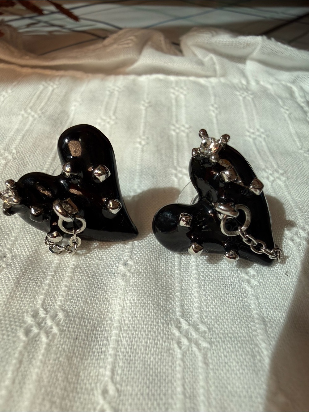Black Heart Stud Earrings with Silver-Tone Accents